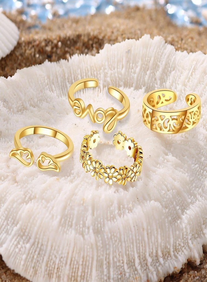 Bolsdoic Toe Rings for Women, 4PCS Gold Plated Stylish Adjustable Toe Band Rings, Summer Beach Foot Jewelry - Perfect for Vacation, Daily Wear - Image 4